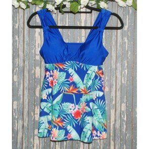 Esprlia Ladies Size S Blue Swimsuit Top Tankini Built In Bra Floral Hawaiian